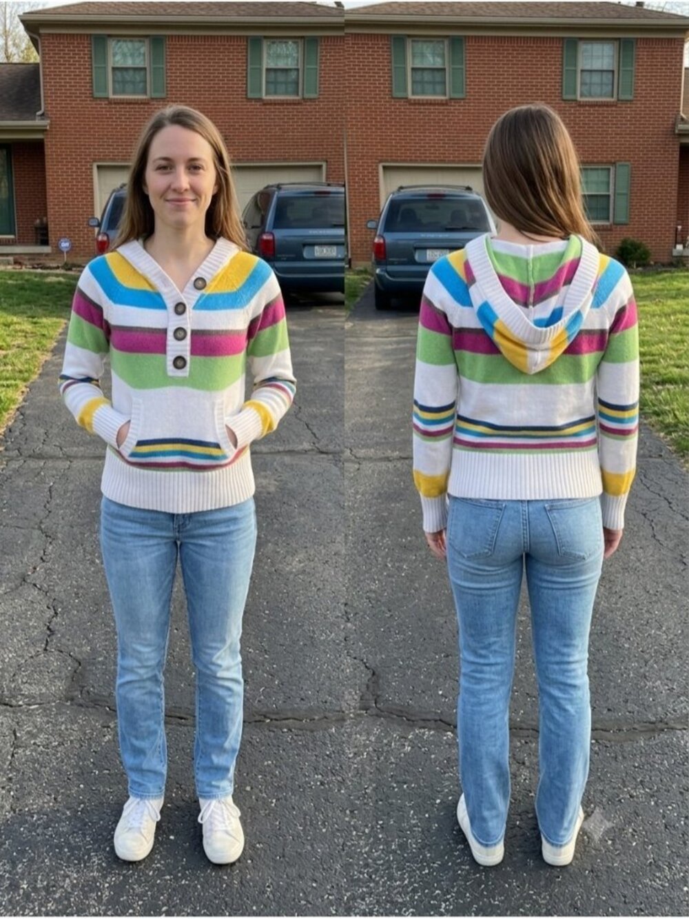 Aeropostale Striped Knit Hoodie Sweater Henley Button White Multi-Color Small